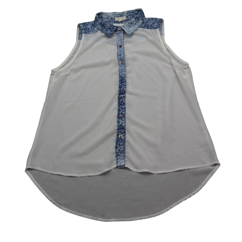 EM Shirt Womens White Blue Sleeveless Collared Button Sheer High Low Hem